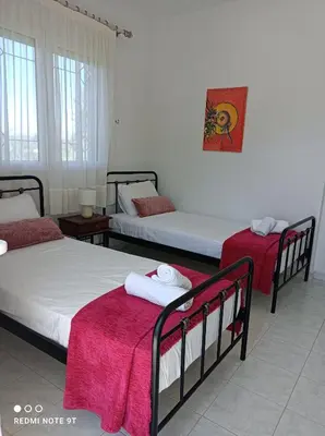 a bedroom with two beds with red blankets on them at Villa George Rhodes in Archangelos