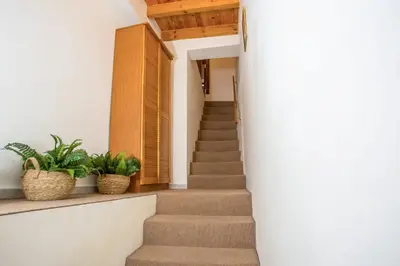 a staircase in a house with two potted plants at The Knight's House Old Town Rhodes in Rhodes Town
