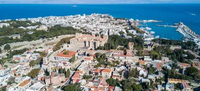an aerial view of the city of positano on a hill at The Knight's House Old Town Rhodes in Rhodes Town