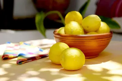 a bowl of lemons on a table with a bowl of fruit at Teresa's Home in Líndos