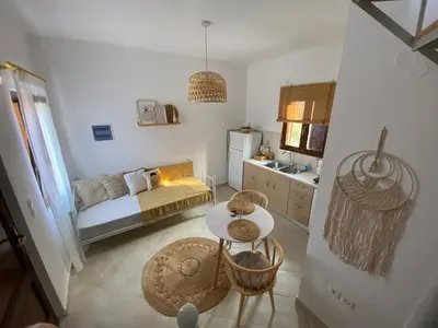 a small room with a bed and a table in it at Celestia Apartments in Halki