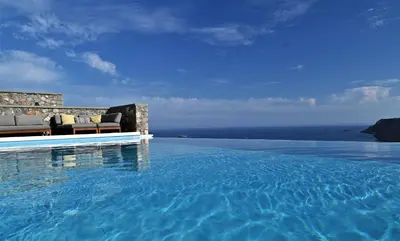 a swimming pool with a view of the ocean at Villa Vitabel sea view in Lindos in Líndos