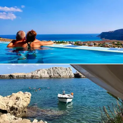 two pictures of a man and a boat in the water at Villa Vitabel sea view in Lindos in Líndos