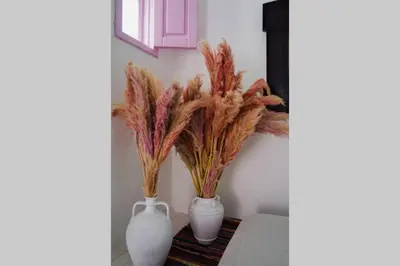 two white vases with plants in them on a table at The Summer Pink House in Lachania