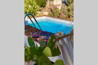 a swing next to a swimming pool with a cactus at The Summer Pink House in Lachania