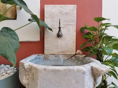 a stone fountain in a garden with two plants at 1900 Hotel in Symi