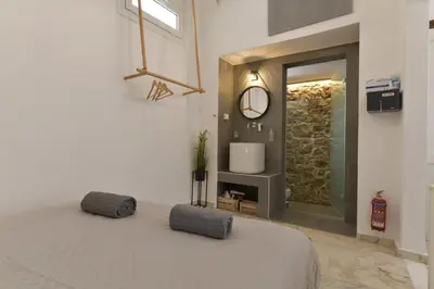 a bedroom with a bed and a bathroom with a shower at Centrale Apartment Symi in Symi