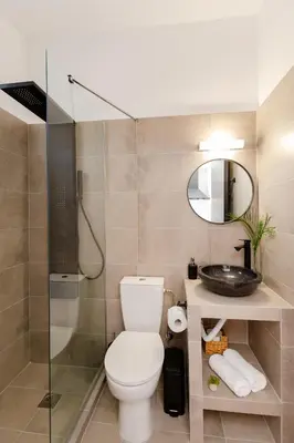a bathroom with a toilet and a shower and a sink at Althea Apartments in Kolimbia
