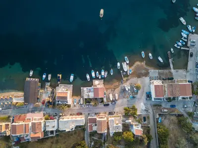 an aerial view of a harbor with houses and boats at Villa Sylvia in Symi