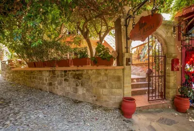 a brick wall with potted plants on it at Attiki Hotel in Rhodes Town
