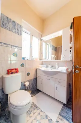 a bathroom with a toilet and a sink at Nila's Villa in Koskinou