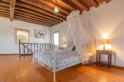 a bedroom with a bed with a mosquito net at Bonseye 2Floor, sea, nature & relax in Kalavárda