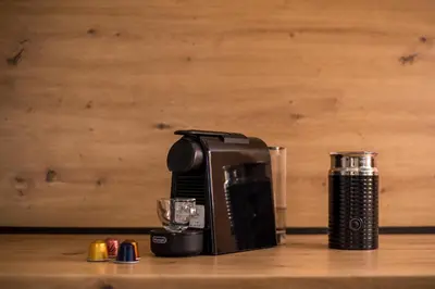 a coffee maker and a glass on a counter at Rhodian Dunes Villas with Private Pool in Kiotari