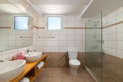 a bathroom with a toilet and a sink and a shower at Lindos Villa Fadia with Private Pool in Líndos