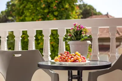 a plate of fruit on a table with a vase of flowers at Economisa Apartments in Ialyssos