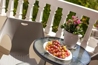 a plate of grapes on a glass table on a balcony at Economisa Apartments in Ialyssos