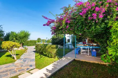 a garden with a table and a bush with purple flowers at Litsas Studios in Phanaes