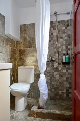 a bathroom with a toilet with a shower curtain at Fatma Hanoum boutique hotel in Rhodes Town