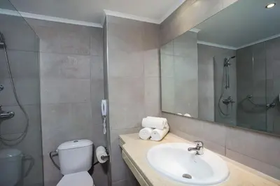 a bathroom with a sink and a toilet and a mirror at Niriides Hotel in Kolimbia