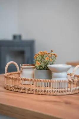 a wicker basket with a plant on a table at Oliveto A Flumine - Experientia Villa in Pastida
