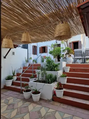 a patio with stairs and potted plants and a straw roof at Soultana studios in Líndos
