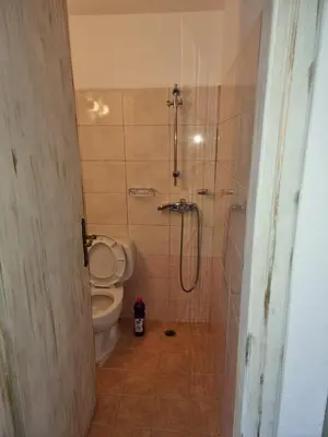 a bathroom with a shower with a toilet and a sink at Soultana studios in Líndos