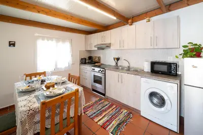 a kitchen with a table and a washing machine at My sweet Greek dream - Traditional home in Soroni