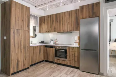 a kitchen with wooden cabinets and a stainless steel refrigerator at Villa Krini Myth in vlicha