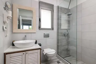 a bathroom with a sink and a toilet and a shower at Villa Krini Myth in vlicha