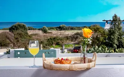 a plate of food and a glass of wine on a table at Evilion Villa in Gennadi