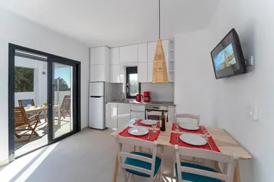 a kitchen and dining room with a table and chairs at Domus Oliva Villas in Haraki