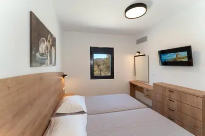 a bedroom with a bed and a dresser and a mirror at Domus Oliva Villas in Haraki