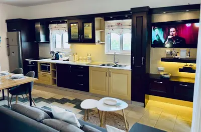 a kitchen and living room with a couch and a table at Thalassia Avra Stegna Beach in Archangelos