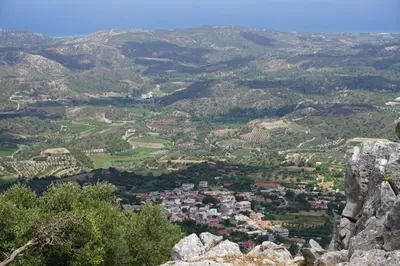 a view of a city from the top of a mountain at Lotza Traditional House Salakos in Sálakos