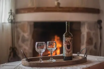 a bottle of wine and two glasses on a tray in front of a fireplace at Anastasia's Home in Émbonas