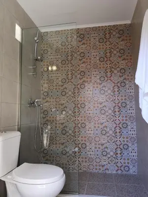 a bathroom with a toilet and a glass shower at M&M STONE-Village House-Family-Vintage in Líndos