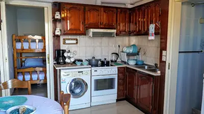 a kitchen with a stove and a washing machine at Villa Astradeni Symi in Symi