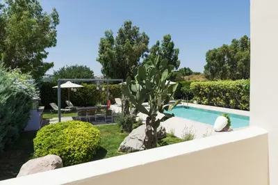 a swimming pool in a garden with a cactus at Palamoutaki Villa in Koskinou
