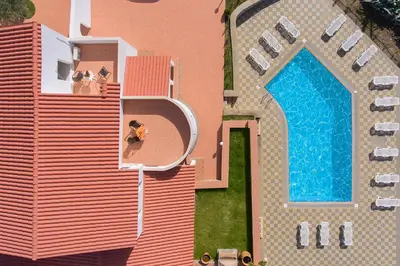 an aerial view of a house with a swimming pool at Villa Krokali Lindos in Líndos