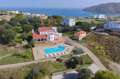 an aerial view of a house with a swimming pool at Villa Krokali Lindos in Líndos