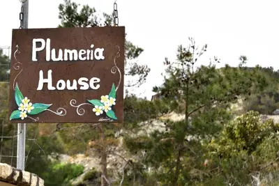 a sign for a plumeria house with trees in the background at PLUMERIA HOUSE in Archangelos