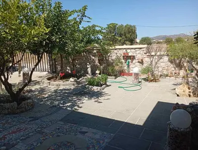 a garden with a green hose on a patio at Athinas Art House in Kolimbia