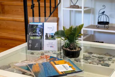 a glass table with books and a plant on it at Villa Christalia in Kolimbia