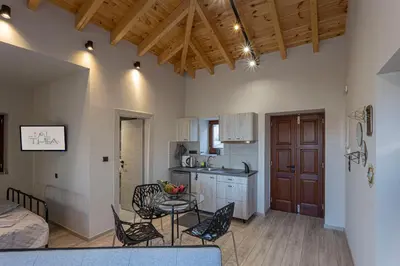 a kitchen and living room with a table and chairs at Althea Apartments 1 in Halki
