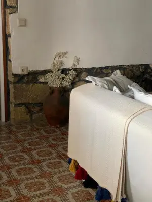 a bedroom with a bed and a vase with a plant at Philoxenia traditional house in Pastida