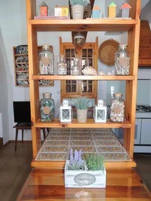 a wooden shelf with plants and other items on it at Aloustina's House in Symi