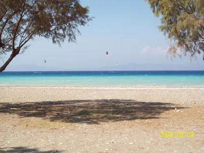 a tree on a sandy beach with the ocean at Sea & Sun cozy studio in Kremasti