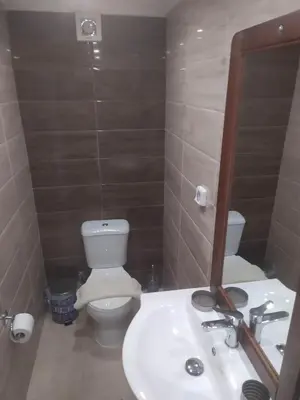a bathroom with a toilet and a sink and a mirror at K Farm House in Kalavárda