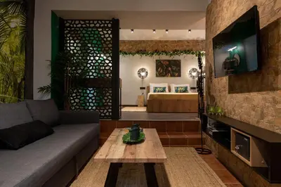 a living room with a couch and a tv at Green Symi Apartment in Symi