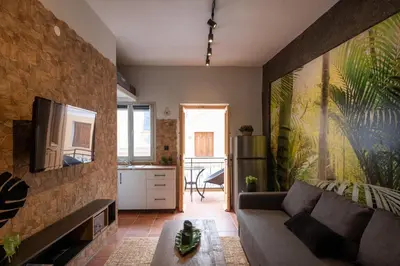 a living room with a couch and a television at Green Symi Apartment in Symi
